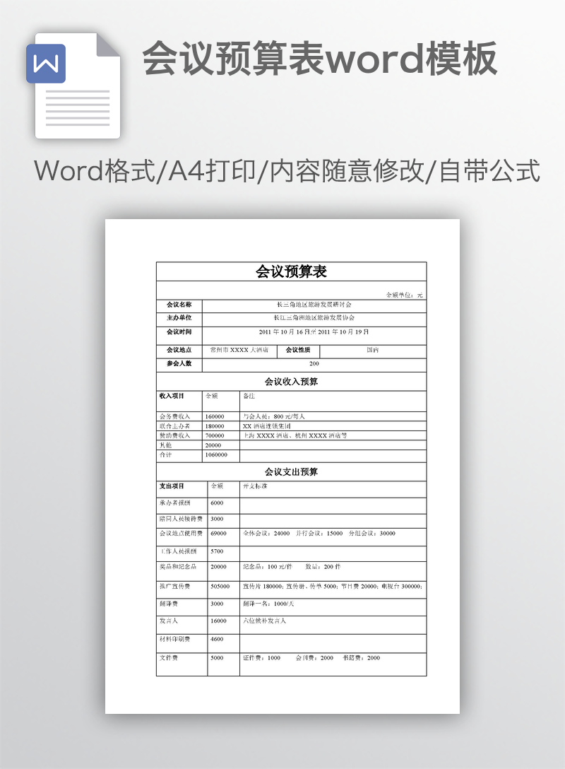 会议预算表word模板 会议预算表word模板