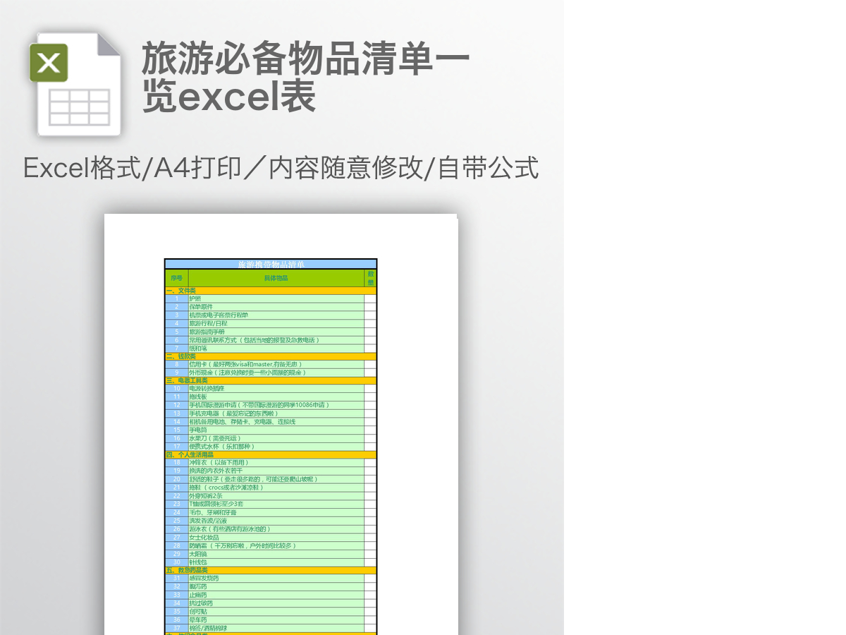 旅游必备物品清单一览excel表