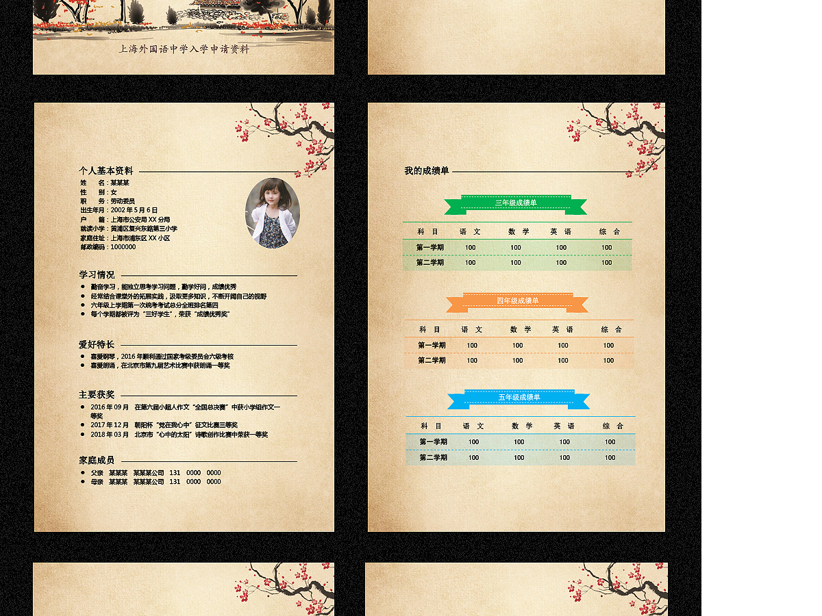 中国风水墨小升初Word简历模版