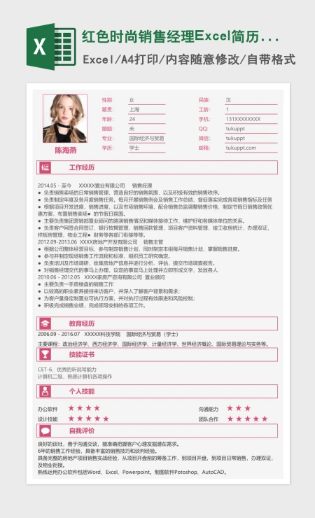 红色时尚销售经理Excel简历表格模板 红色时尚销售经理Excel简历表格模板