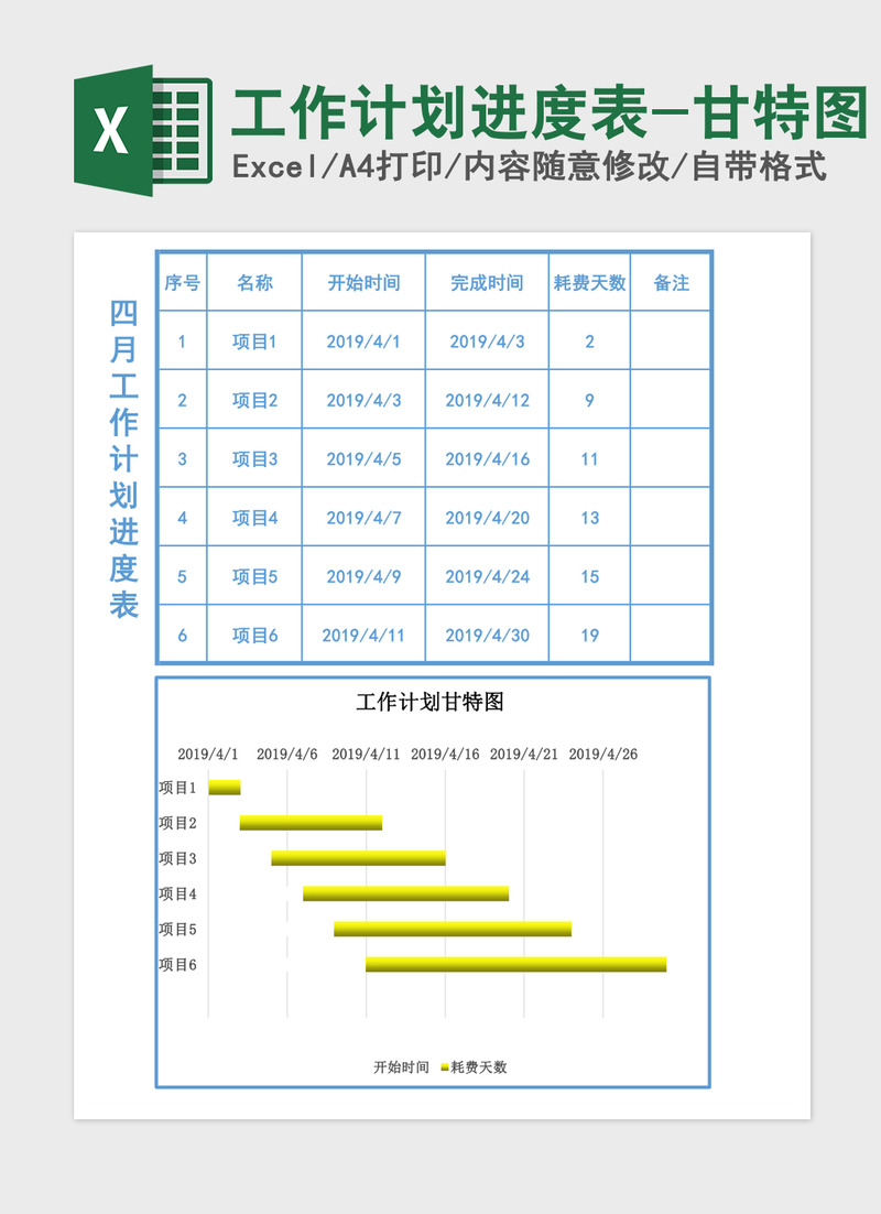 工作计划进度表-甘特图Excel表格模板 工作计划进度表-甘特图Excel表格模板