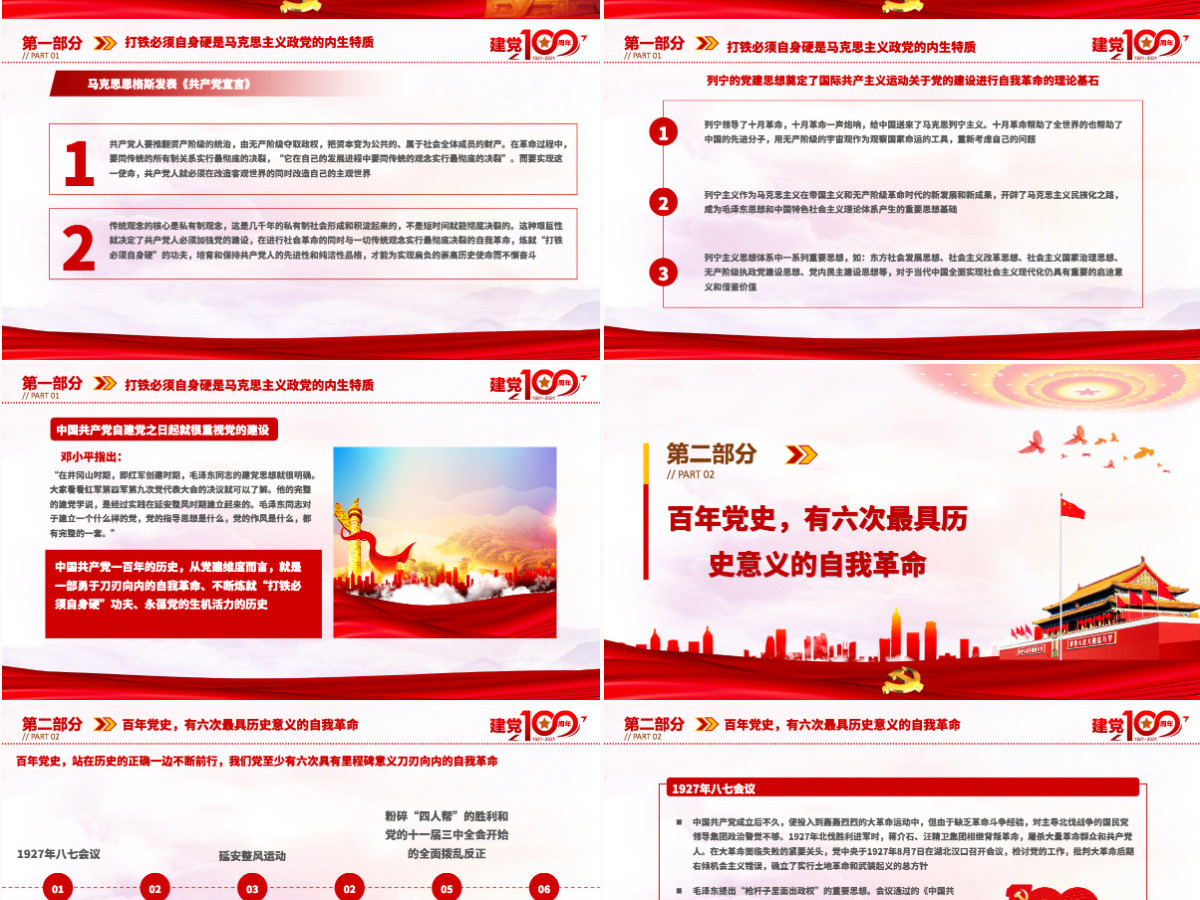 2021百年党史最具历史意义的六次自我革命PPT热烈庆祝中国共产党成立100周年红的大气党政风党课模板