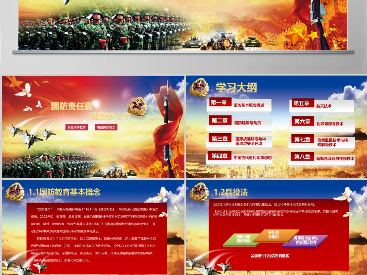 高端大气红色中国国防教育消防演习教育党课通用模板免费下载 高端大气红色中国国防教育消防演习教育党课通用模板免费下载