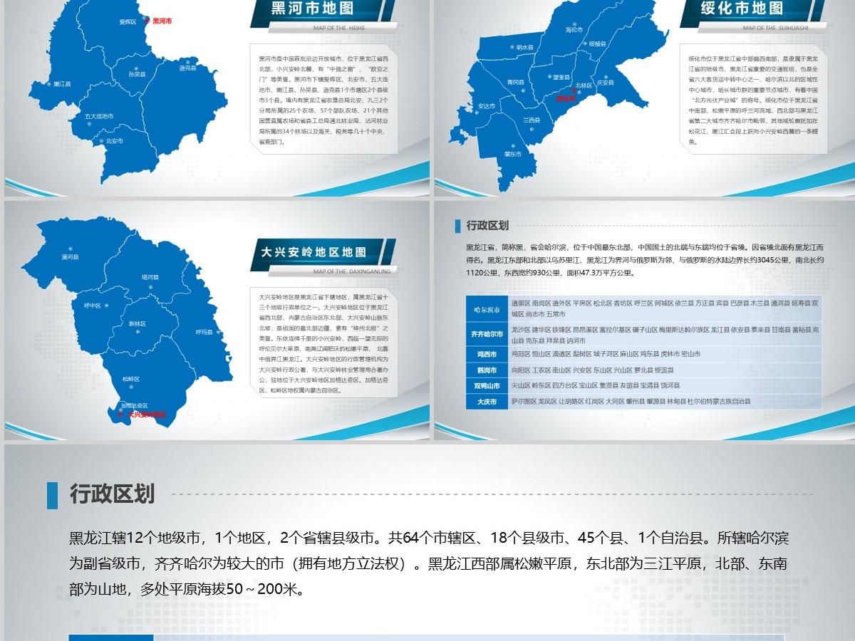 原创蓝色矢量黑龙江省政区地图PPT模板,可编辑中国地图