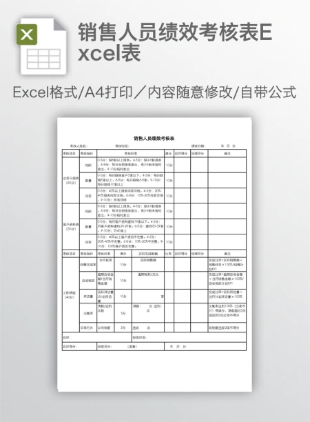 销售人员绩效考核表Excel表 销售人员绩效考核表Excel表