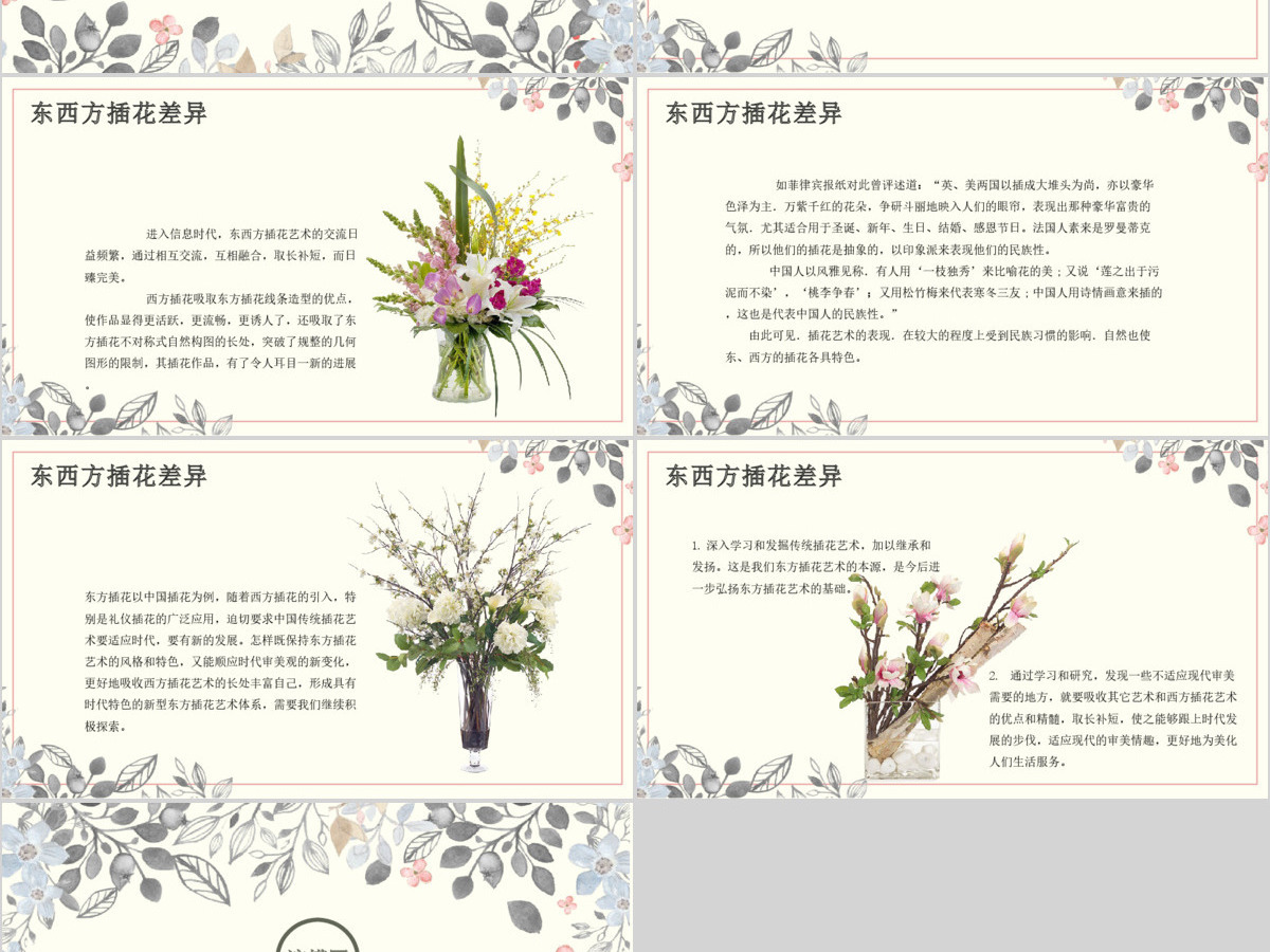 创意手绘植物鲜花之浅析东西方插花艺术PPT模板 创意手绘植物鲜花之浅析东西方插花艺术PPT模板