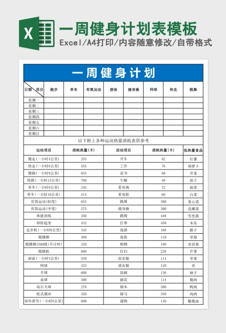 一周健身计划表模板 一周健身计划表模板