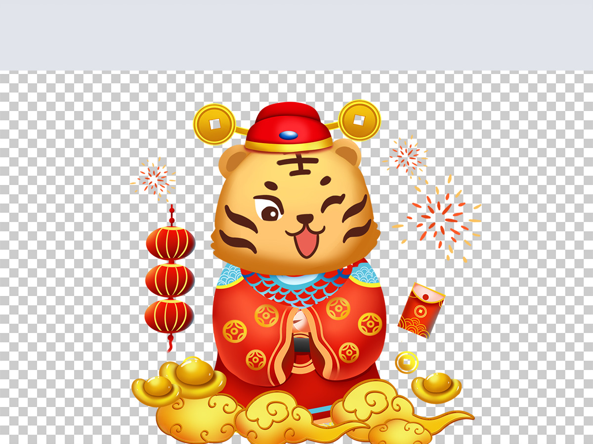 2022年虎年虎娃烟花红灯笼财神拜年免扣元素