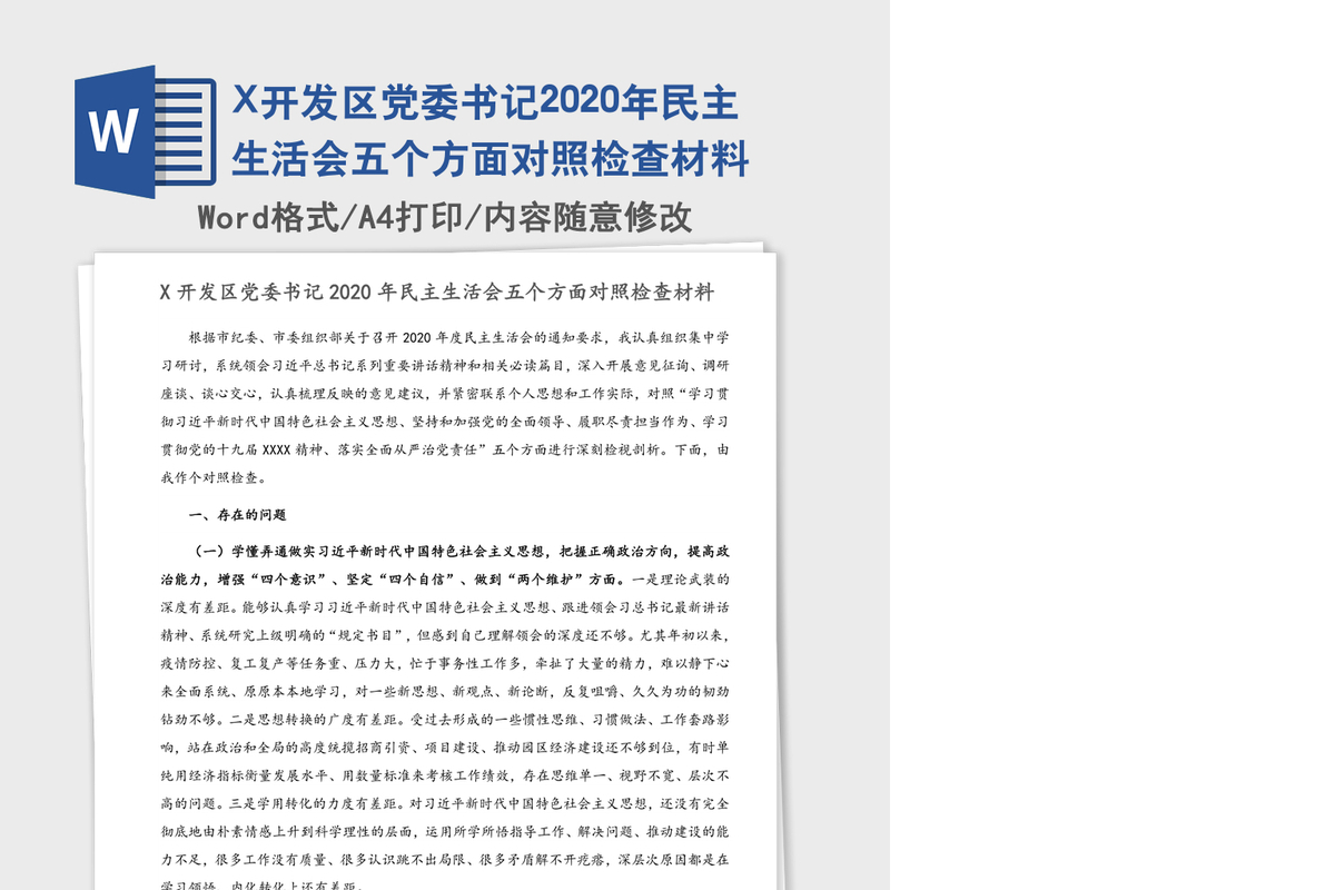 X开发区党委书记2020年民主生活会五个方面对照检查材料