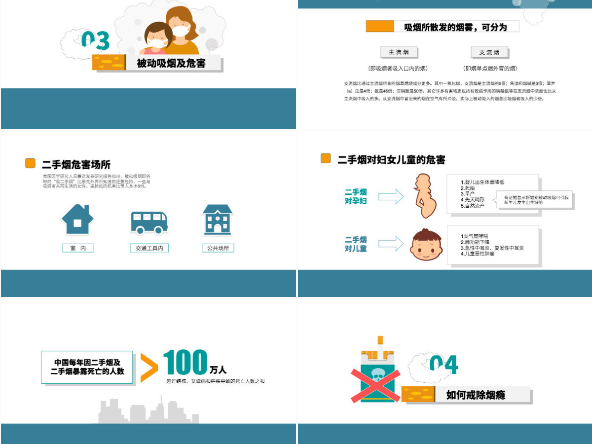 2020年卡通插画风禁烟教育关爱健康拒绝香烟主题活动PPT