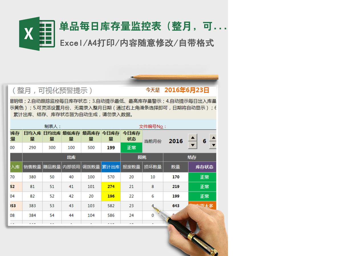 2021年单品每日库存量监控表(整月,可视化预警) 2021年单品每日库存量监控表(整月,可视化预警)