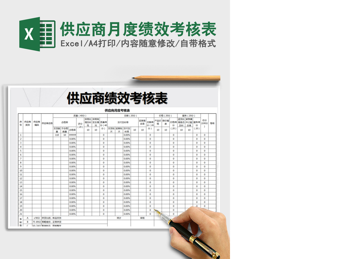 2022年供应商月度绩效考核表免费下载