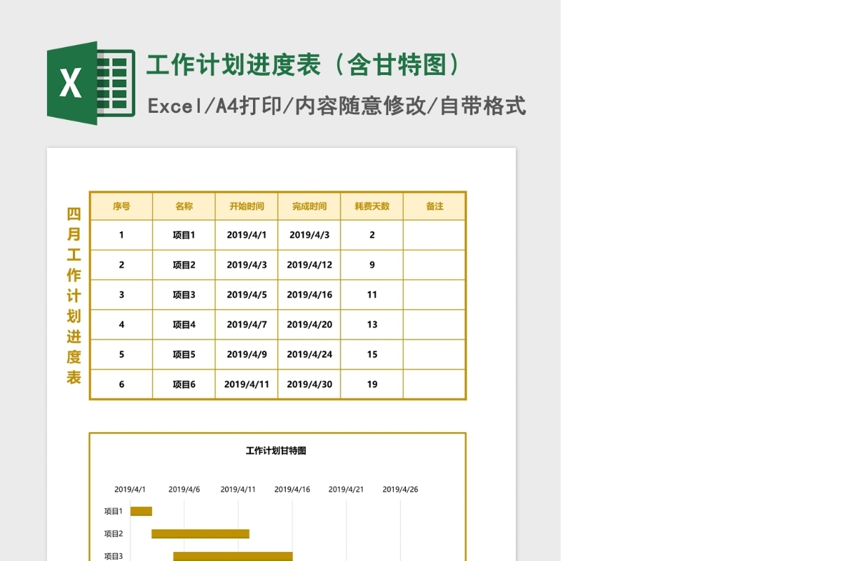 工作计划进度表（含甘特图）Excel模板