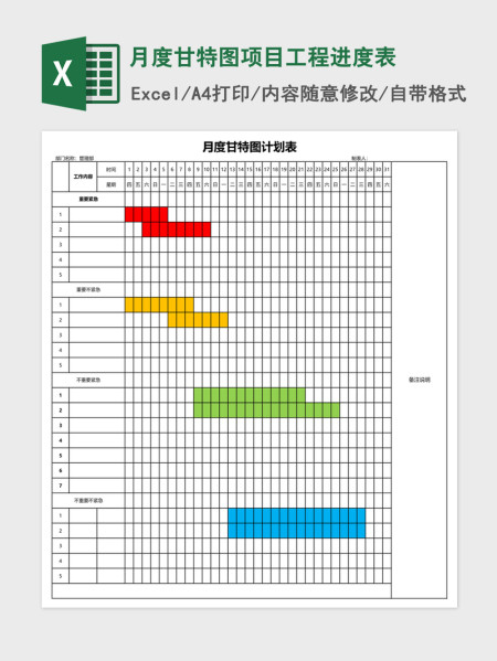 月度甘特图项目工程进度表Excel模板 月度甘特图项目工程进度表Excel模板