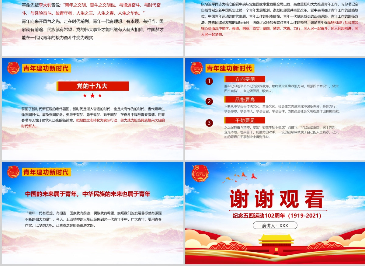 青春心向党建功新时代纪念五四运动102周年ppt模版--含讲稿