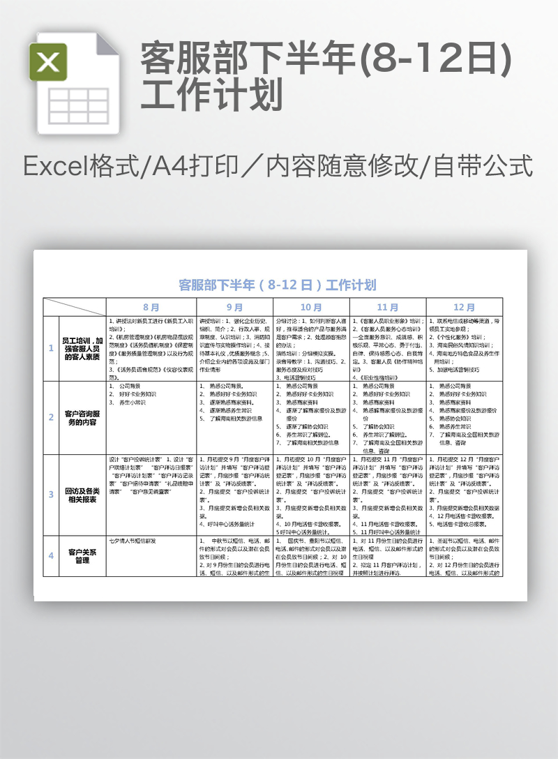 客服部下半年(8-12日)工作计划 客服部下半年(8-12日)工作计划