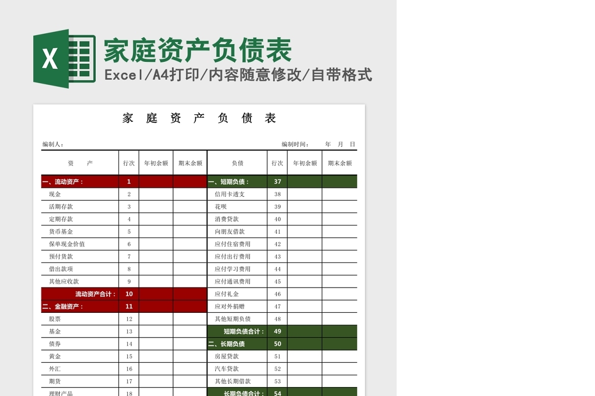 家庭资产负债表Excel