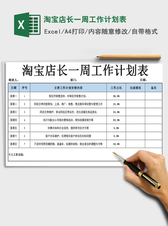 2021年淘宝店长一周工作计划表