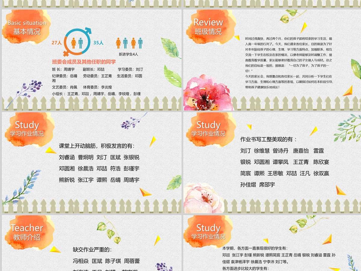 艺术水彩花朵六年级家长会PPT模板 艺术水彩花朵六年级家长会PPT模板