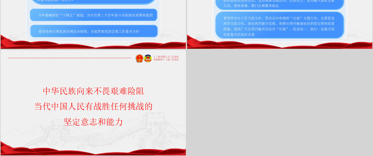 2020蓝色红色新拟态风全国两会聚焦两会精神PPT模版