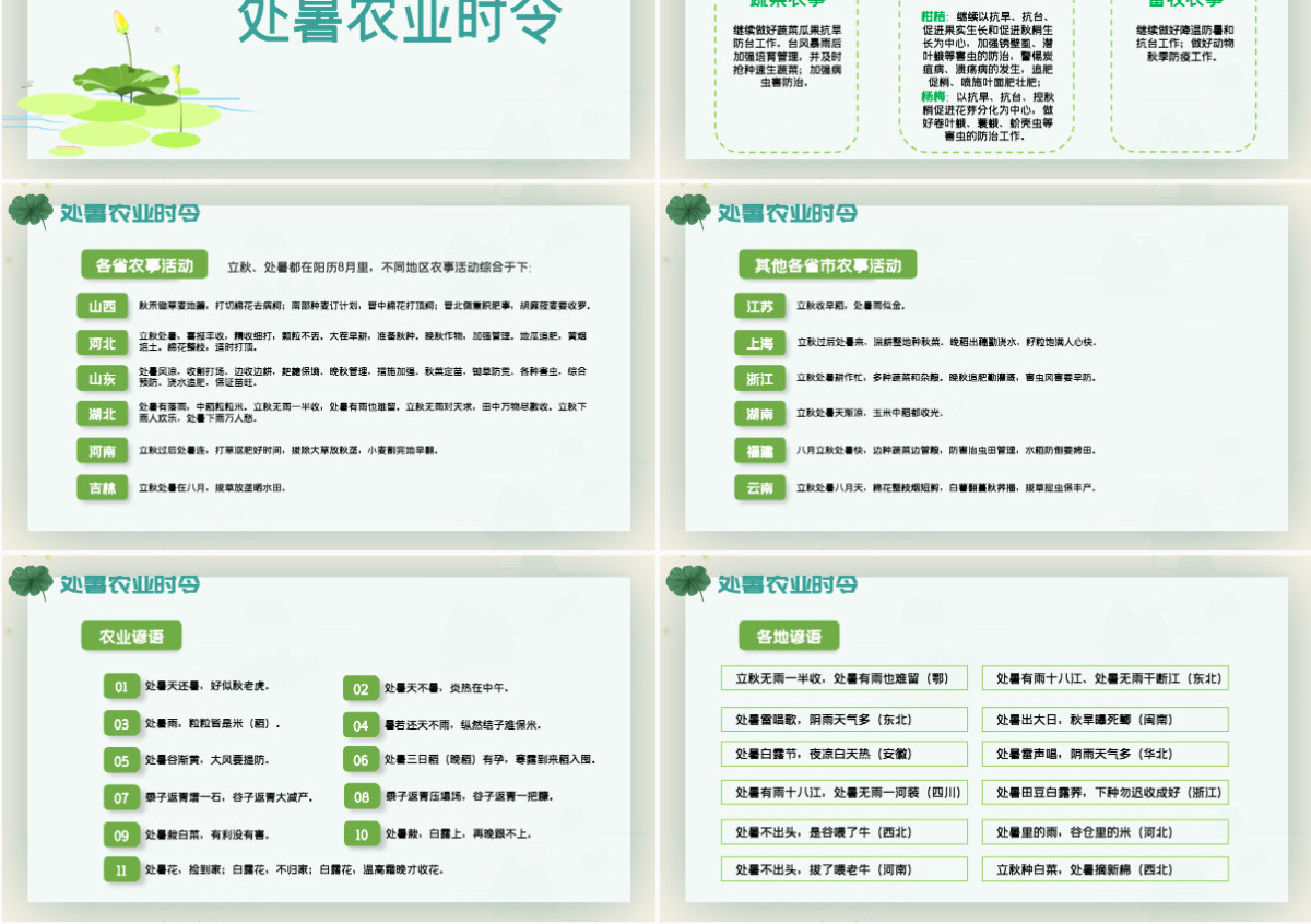 原创小清新校园文化教育传统中国二十四节气之处暑节气相关知识介绍主题班会PPT-版权可商用