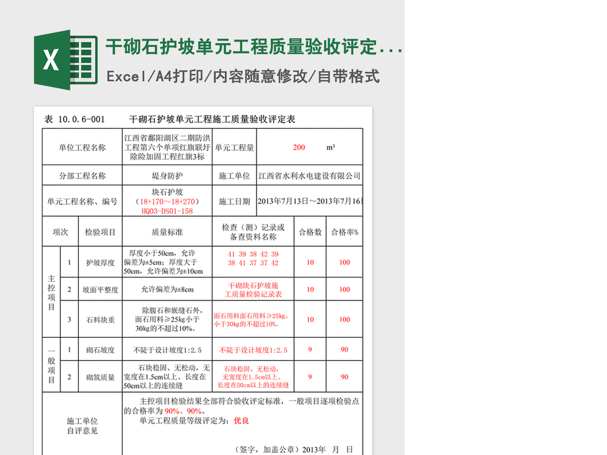 2021年干砌石护坡单元工程质量验收评定表 2021年干砌石护坡单元工程质量验收评定表