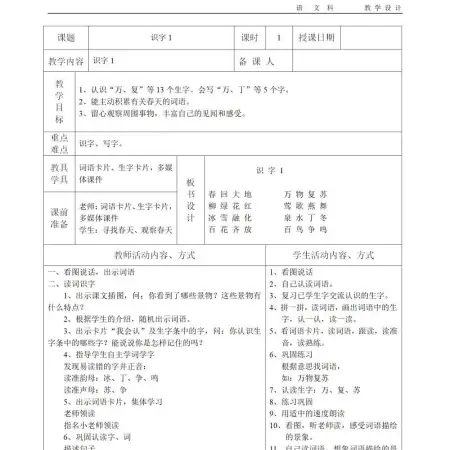 人教版小学一年级下册语文表格教案-103页