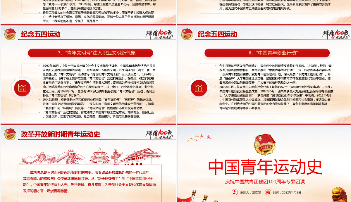 中国青年运动史红色党建风中国共青团成立100周年弘扬五四精神挥洒热血青春专题团课PPT-含讲稿