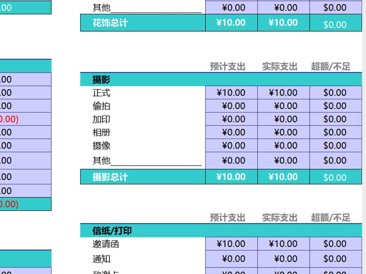 婚礼预算表Excel模板