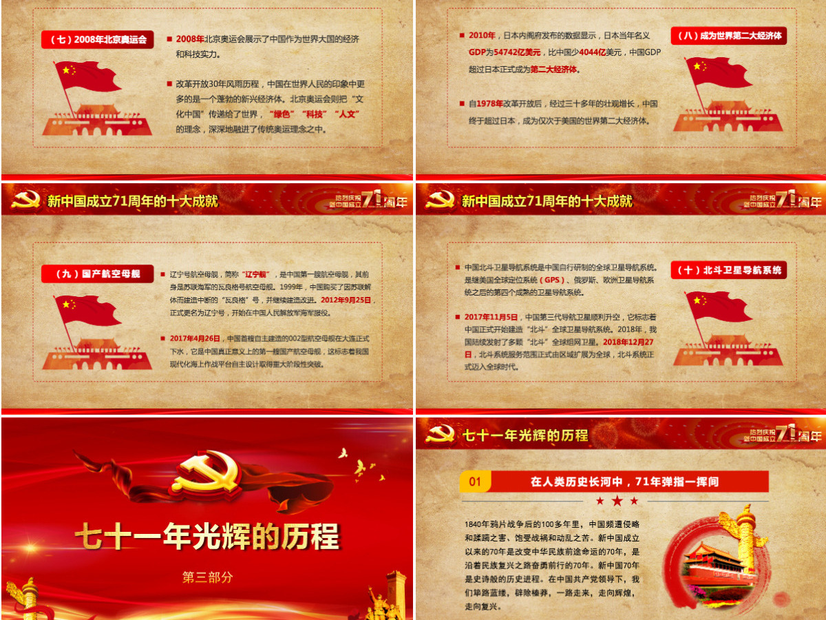红色喜庆建国71周年壮丽71载国庆节党课PPT课件