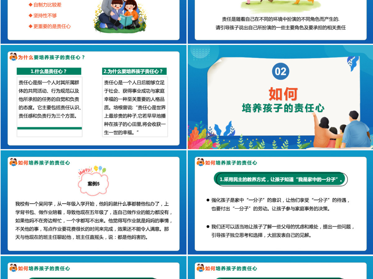 水彩卡通风如何培养孩子的责任心关于为什么培养孩子的责任心家庭教育主题班会课件PPT