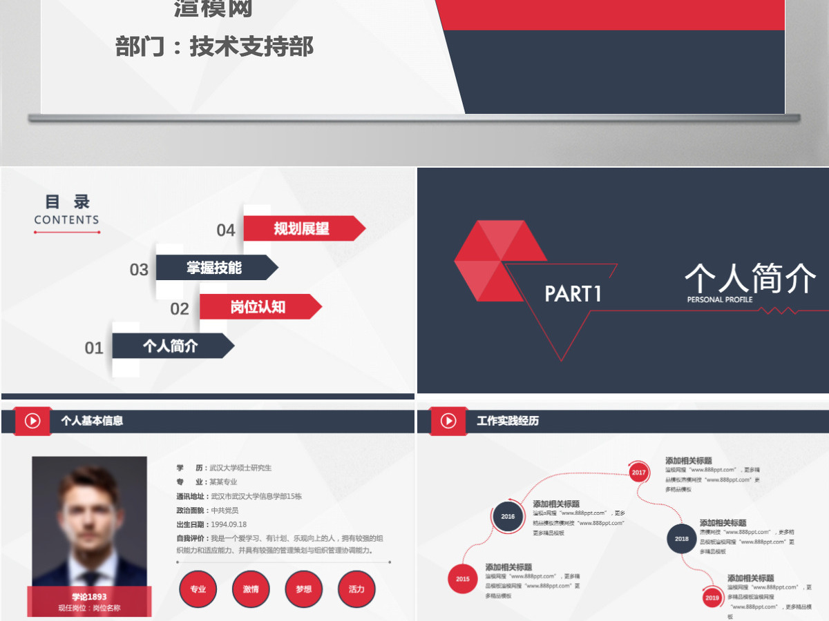 原创稳重个人简历竞选岗位竞聘报告PPT模板-版权可商用