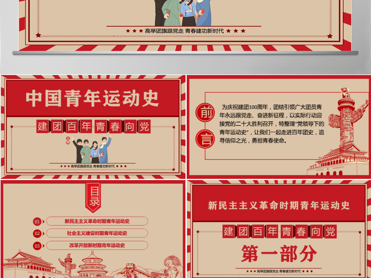 中国青年运动史红色复古风建团百年青春向党弘扬五四精神挥洒热血青春专题团课PPT-含讲稿