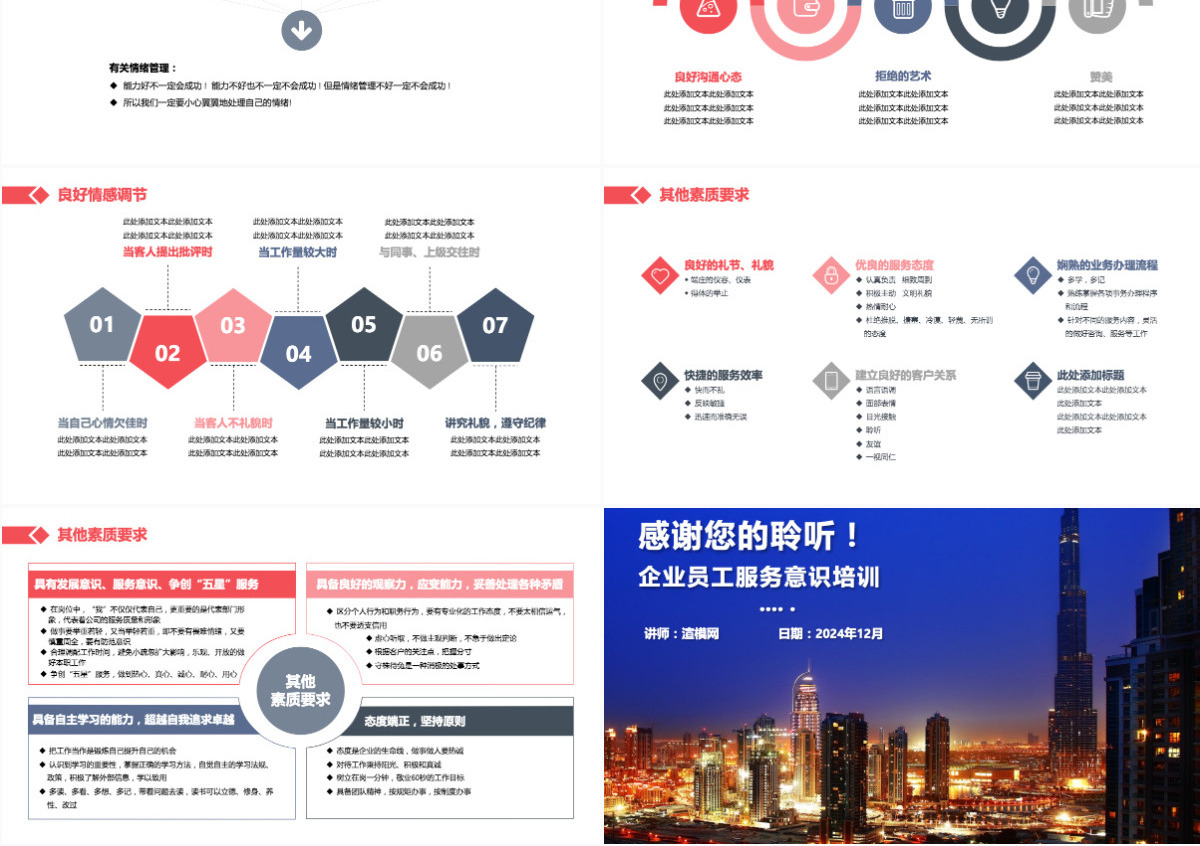 红色简约商务企业员工服务意识培训通用PPT模板