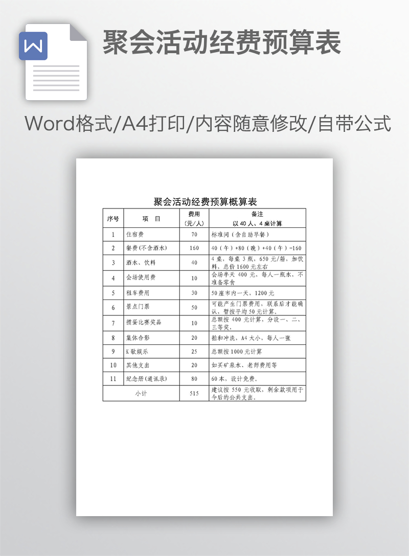 聚会活动经费预算表 聚会活动经费预算表