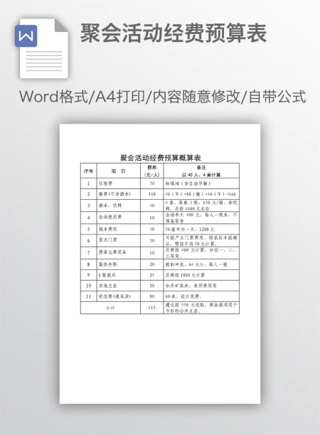 聚会活动经费预算表