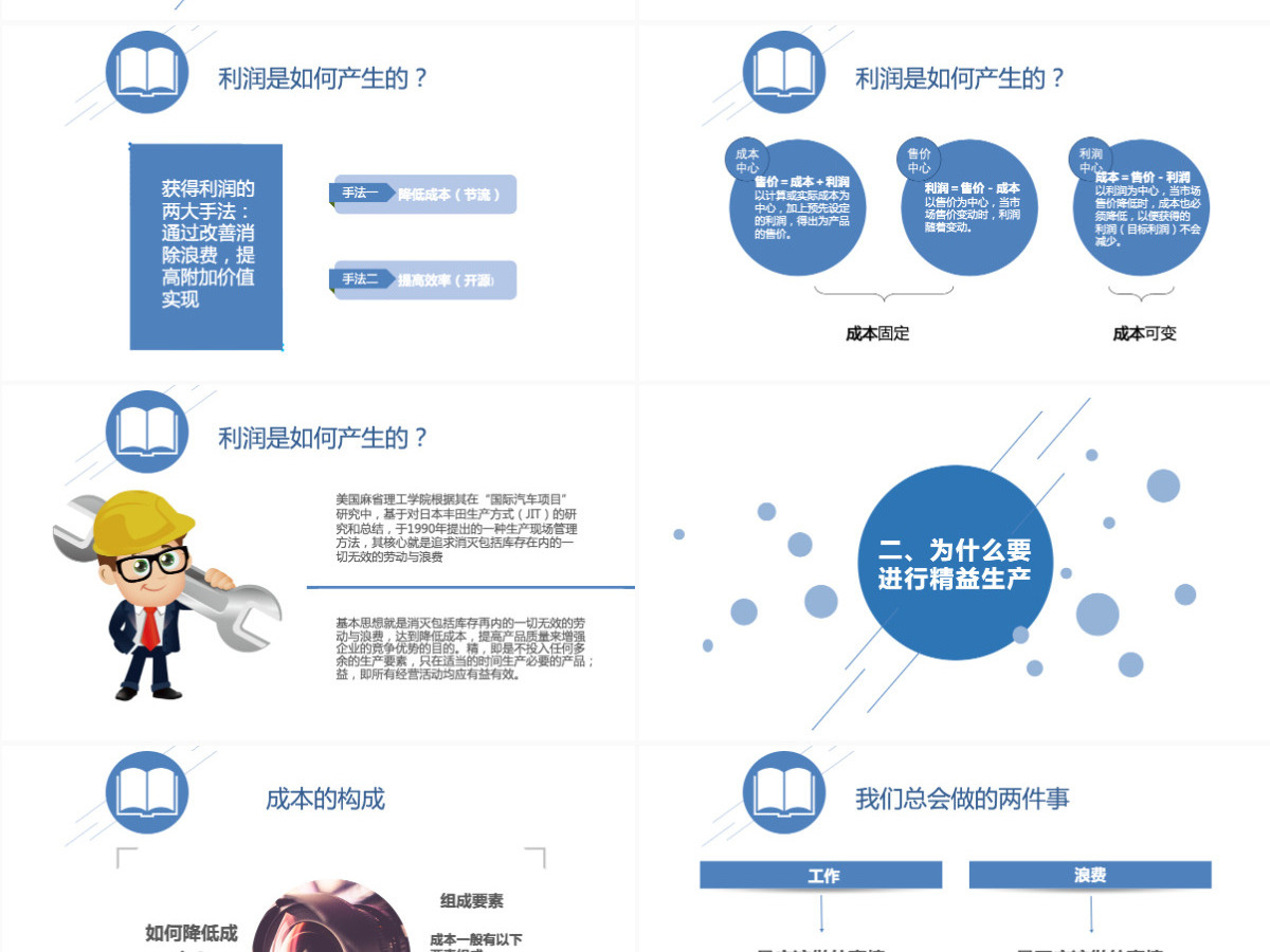 蓝色服务简约扁平化信息图表精益生产管理PPT模板