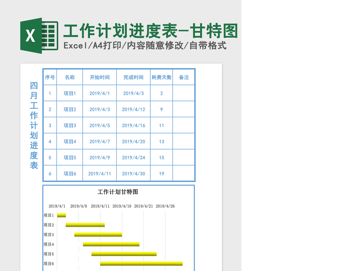 工作计划进度表-甘特图Excel表格模板 工作计划进度表-甘特图Excel表格模板