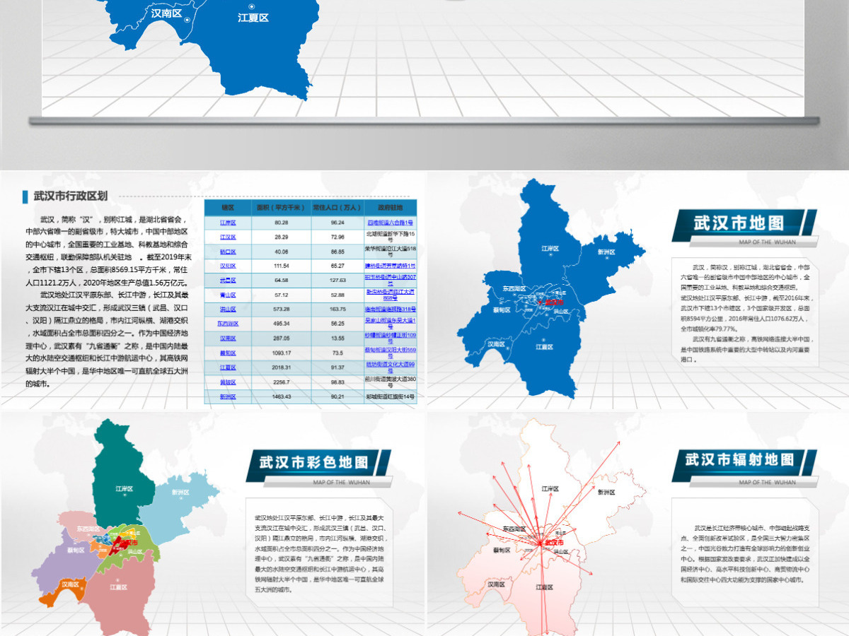 武汉市地图PPT湖北省含区县可编辑可填充矢量分层地图PPT模板