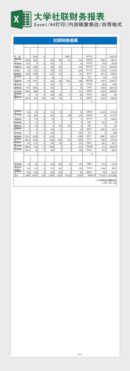 大学社联财务报表Excel模板