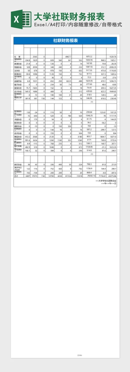 大学社联财务报表Excel模板 大学社联财务报表Excel模板