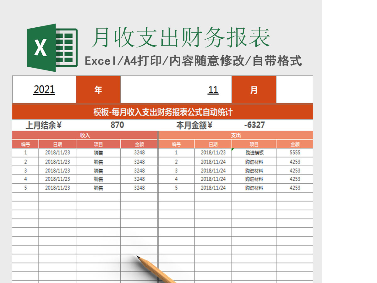 每月收入支出财务报表自动统计表excel表格模板 每月收入支出财务报表自动统计表excel表格模板