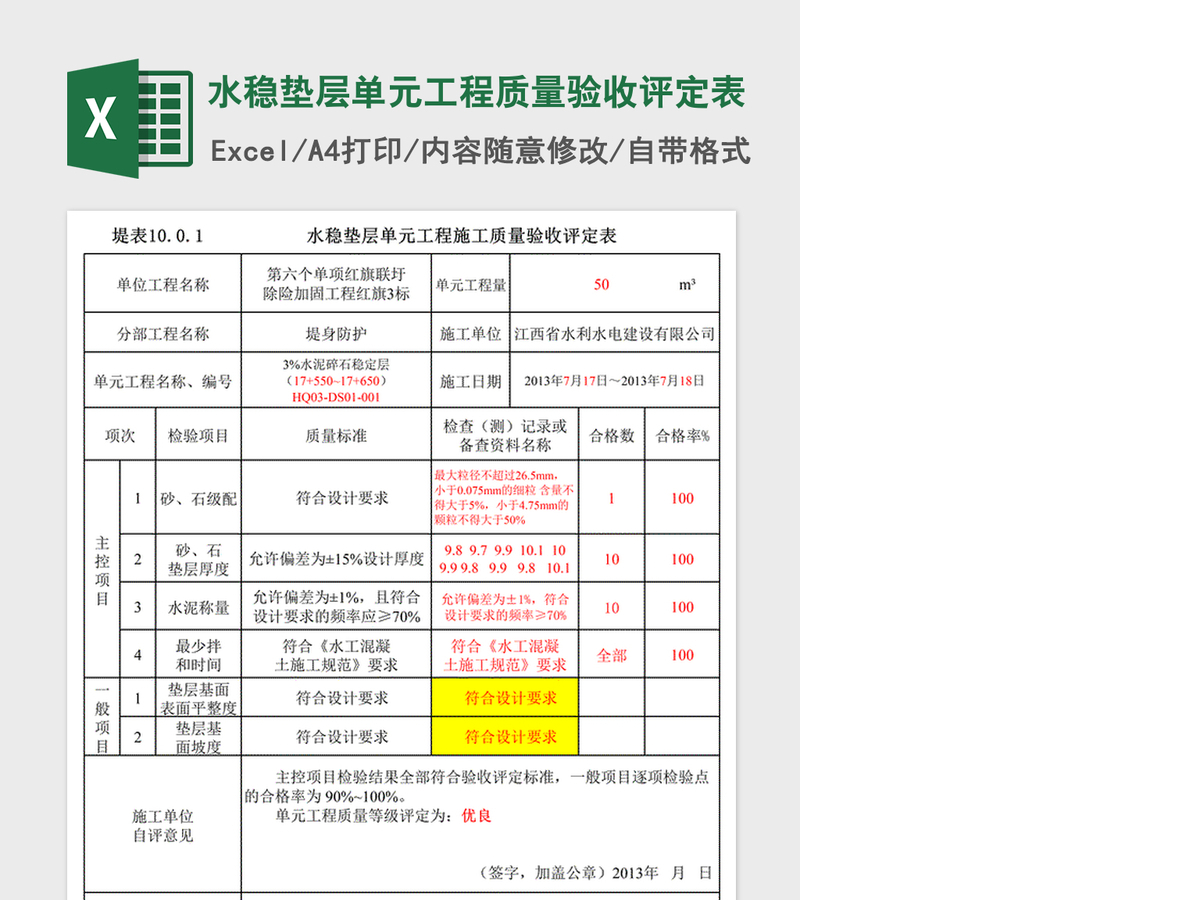 2021年水稳垫层单元工程质量验收评定表 2021年水稳垫层单元工程质量验收评定表