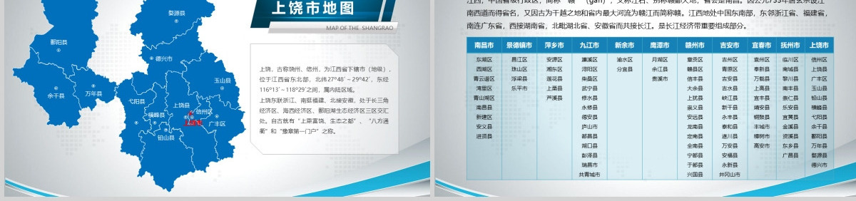 原创蓝色矢量江西省政区地图PPT模板,可编辑中国地图