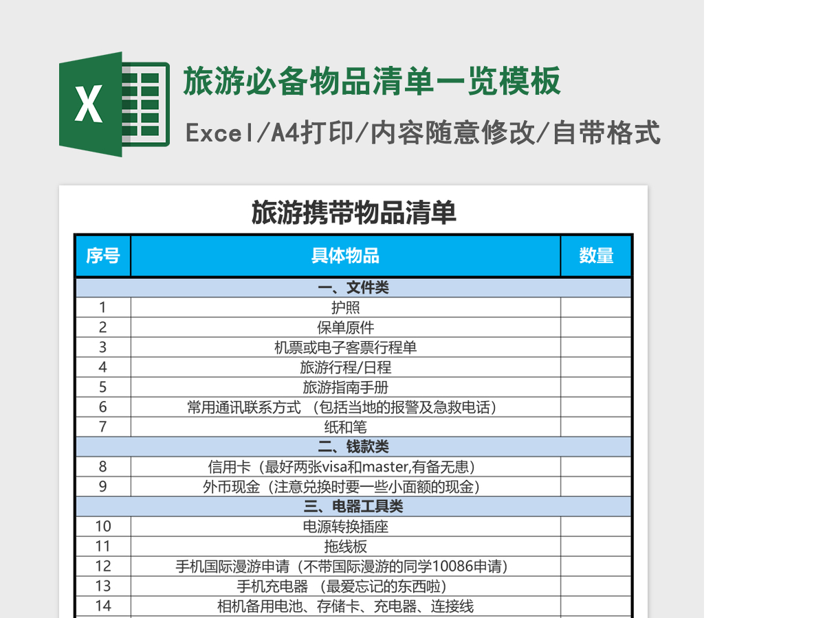 旅游必备物品清单一览excel表格模板 旅游必备物品清单一览excel表格模板