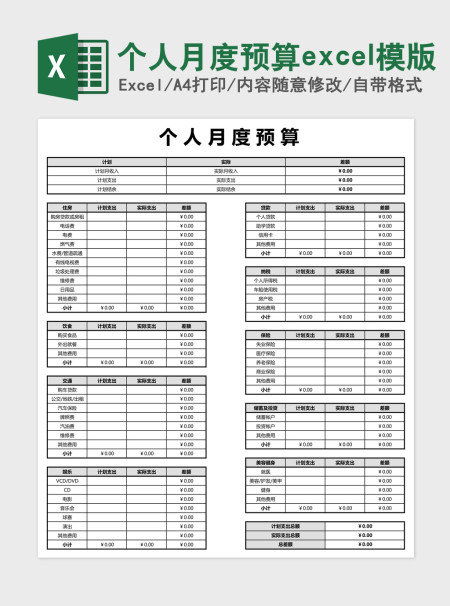 个人月度预算excel模版