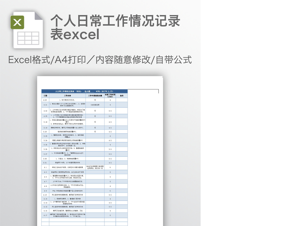 个人日常工作情况记录表excel 个人日常工作情况记录表excel