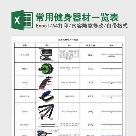 常用健身器材一览Excel表 常用健身器材一览Excel表