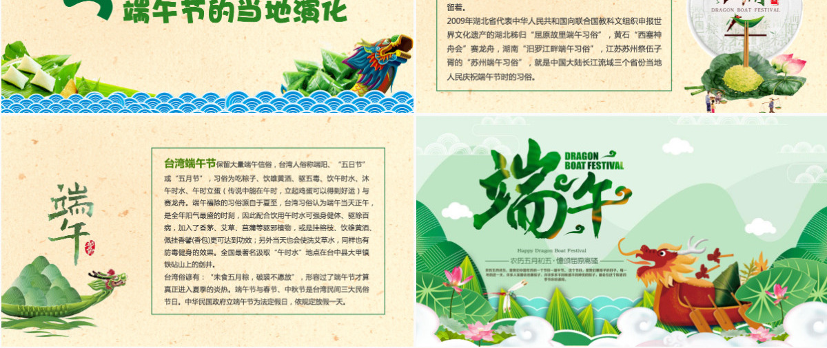 2023年端午节绿色中国风端午节来源介绍ppt模板