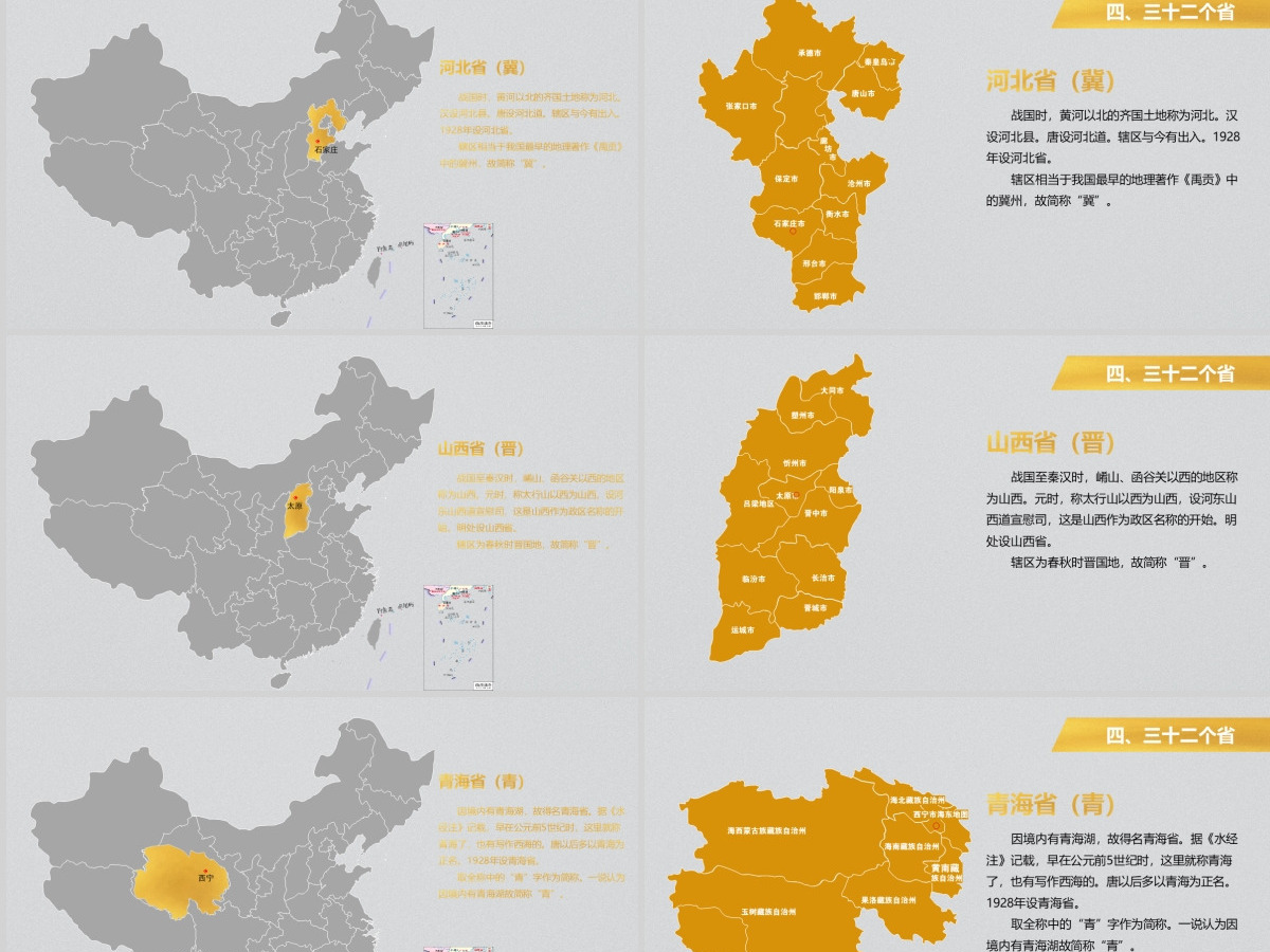 灰底亮丽黄中国地图各省份矢量地图PPT图表合集